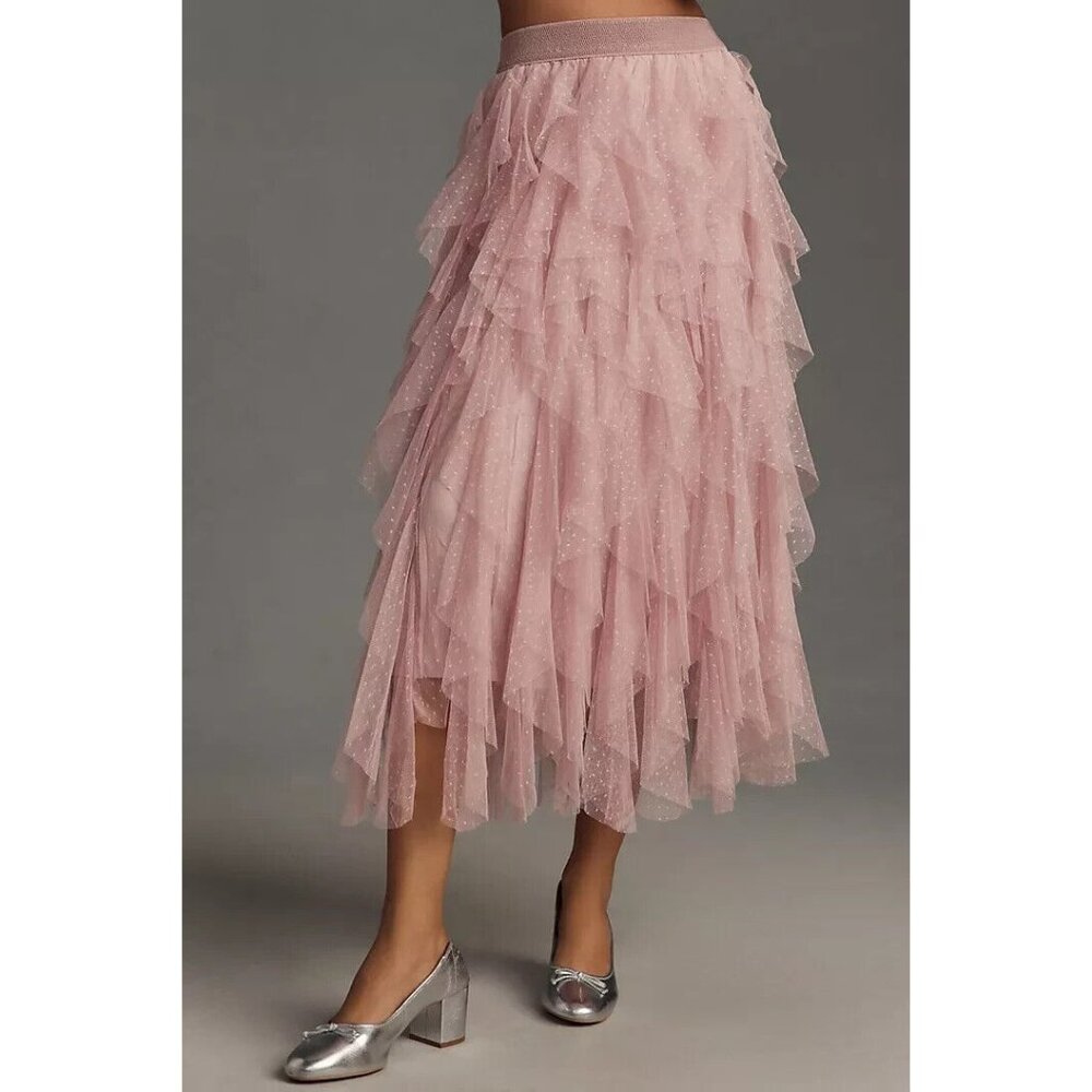 NWT by Anthropologie Evelyn Chéri Cheri in Rose Ruffled Tulle Midi Skirt XL